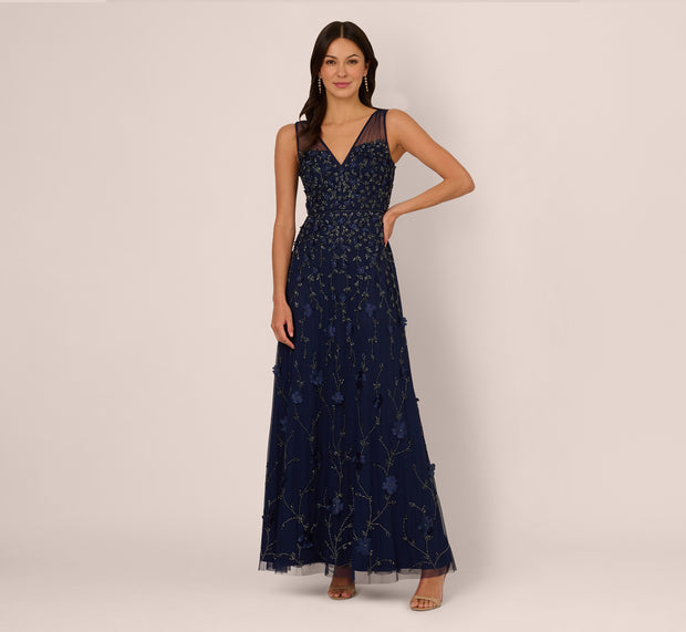 Aidan Mattox Sleeveless Illusion 3D Petal Beaded Gown In Light Navy