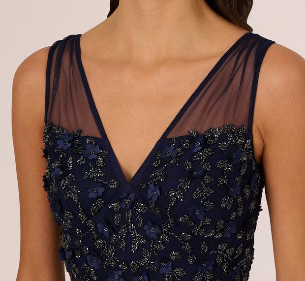 Aidan Mattox Sleeveless Illusion 3D Petal Beaded Gown In Light Navy