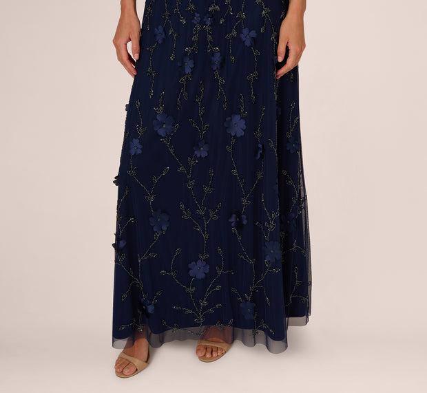 Aidan Mattox Sleeveless Illusion 3D Petal Beaded Gown In Light Navy