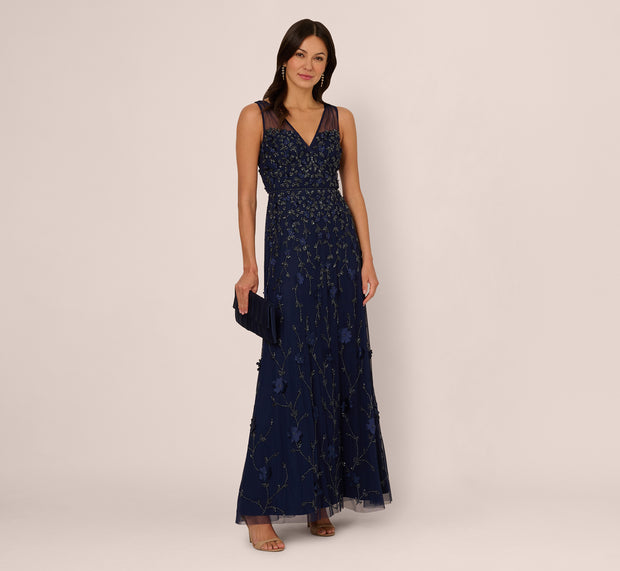 aidan mattox Sleeveless Illusion 3D Petal Beaded Gown In Light Navy