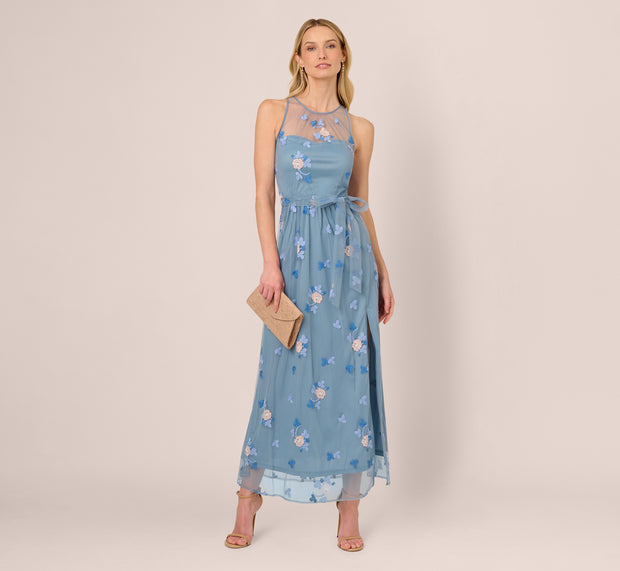 Aidan Mattox Sleeveless Illusion Embroidered Maxi Dress In French Blue Multi