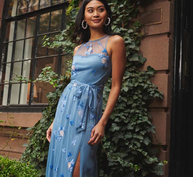 aidan mattox Sleeveless Illusion Embroidered Maxi Dress In French Blue Multi