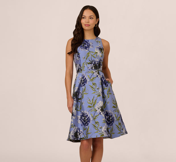 Aidan Mattox Sleeveless Jacquard Fit And Flare Midi Dress In Blue Multi
