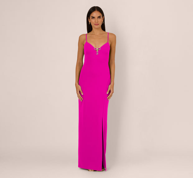 Aidan Mattox Sleeveless Knit Crepe Rhinestone Bow Column Gown In Pink Flame