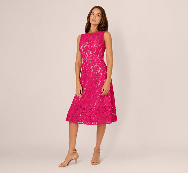 Aidan Mattox Sleeveless Lace Fit And Flare Dress With Sheer Details In Tropical Pin