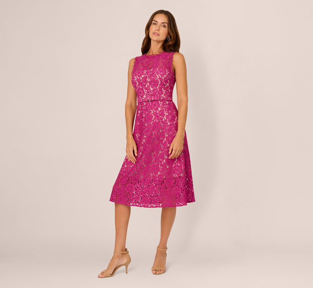 Aidan Mattox Sleeveless Lace Fit And Flare Dress With Sheer Details In Orchid