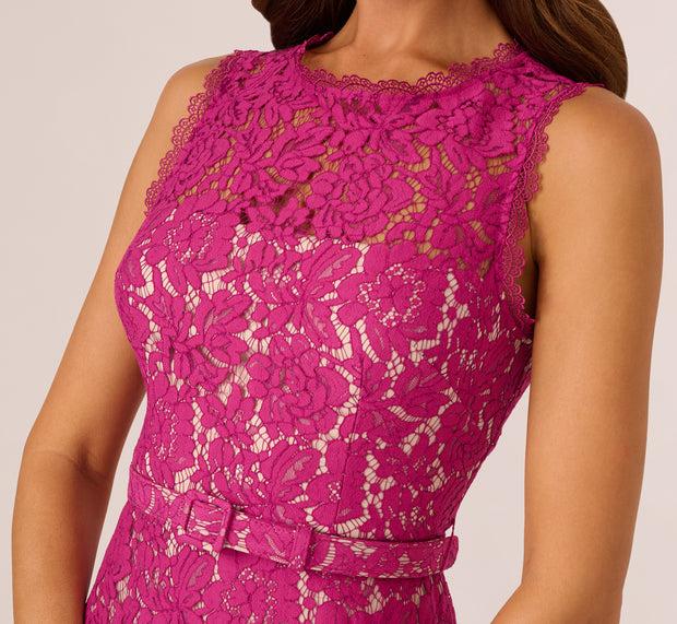 Aidan Mattox Sleeveless Lace Fit And Flare Dress With Sheer Details In Orchid