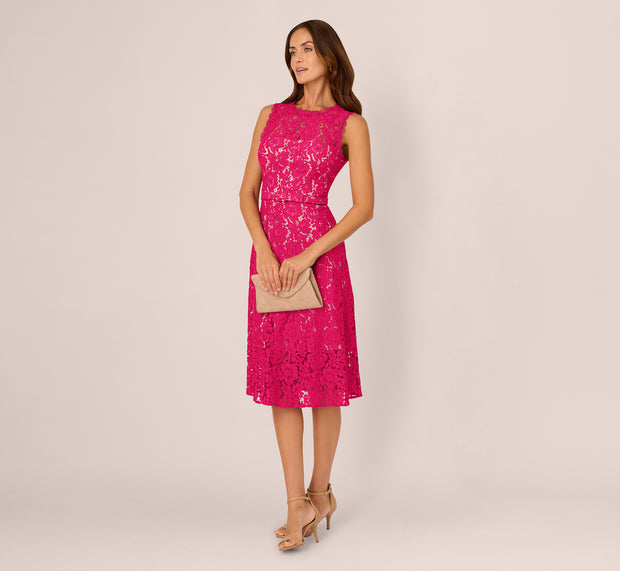 aidan mattox Sleeveless Lace Fit And Flare Dress With Sheer Details In Tropical Pin
