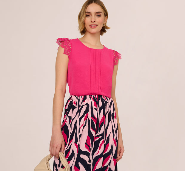 Aidan Mattox Sleeveless Lace Shoulder Pintucked Top In Hot Pink