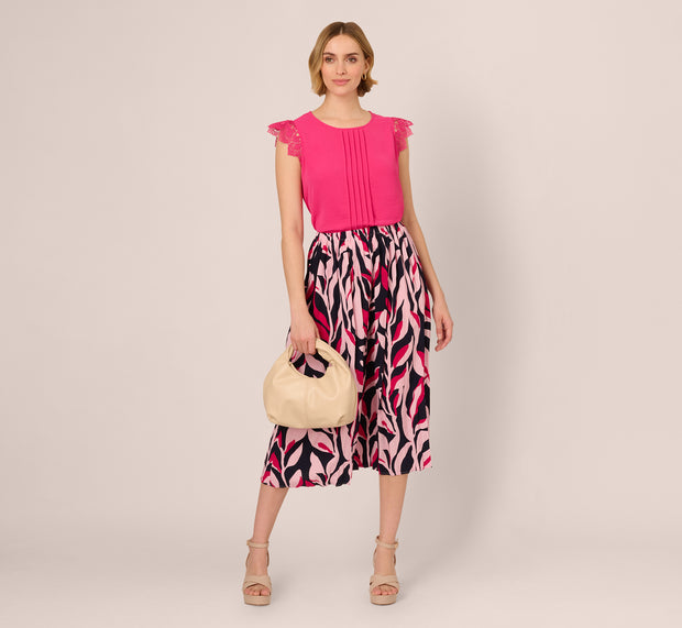 Aidan Mattox Sleeveless Lace Shoulder Pintucked Top In Hot Pink