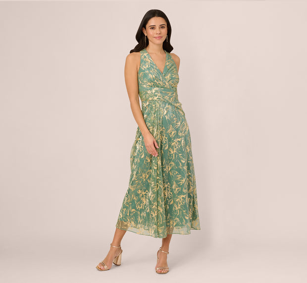 Aidan Mattox Sleeveless Metallic Crinkle Midi Dress In Sage Gold