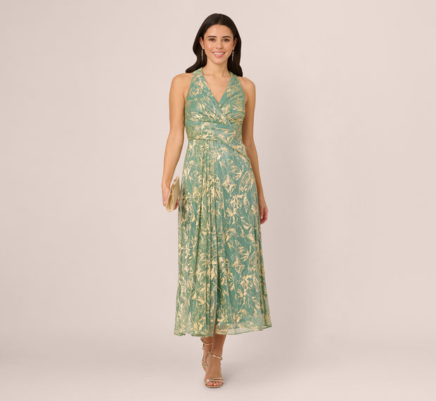 aidan mattox Sleeveless Metallic Crinkle Midi Dress In Sage Gold
