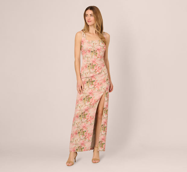 Aidan Mattox Sleeveless Metallic Floral Matelasse Gown In Coral Multi