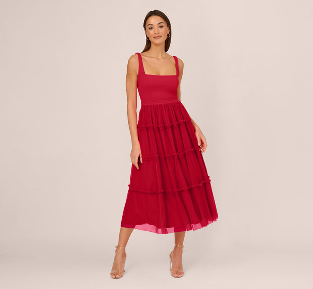 Aidan Mattox Sleeveless Midi Dress With Square Neck And Tiered Skirt In Matador Red