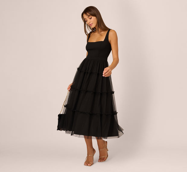 Aidan Mattox Sleeveless Midi Dress With Square Neck And Tiered Skirt In Black