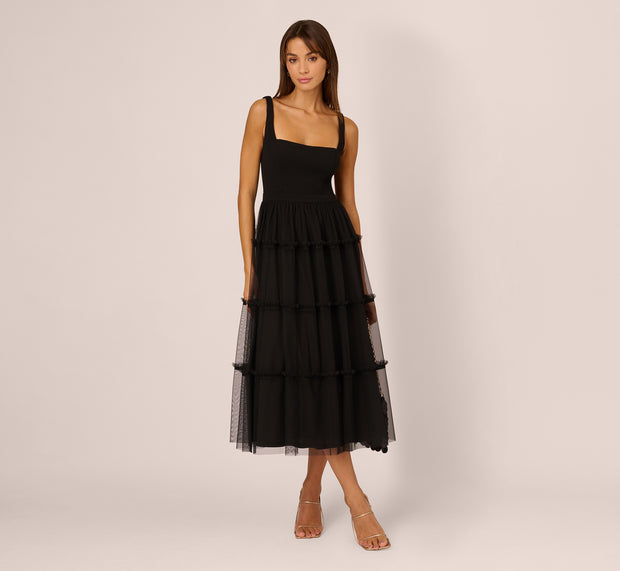 Aidan Mattox Sleeveless Midi Dress With Square Neck And Tiered Skirt In Black