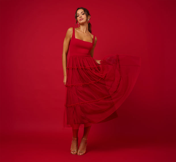 aidan mattox Sleeveless Midi Dress With Square Neck And Tiered Skirt In Matador Red