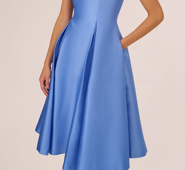 Aidan Mattox Sleeveless Mikado Fit And Flare Midi Dress With V-Back In Electric Ice