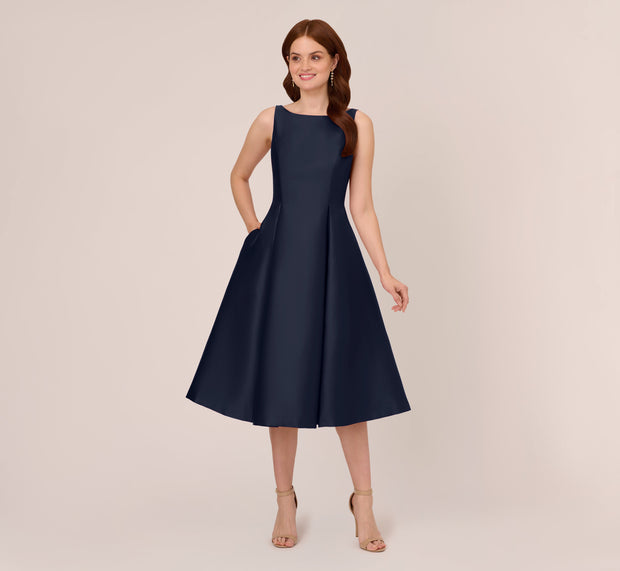 Aidan Mattox Sleeveless Mikado Fit And Flare Midi Dress With V-Back In Midnight