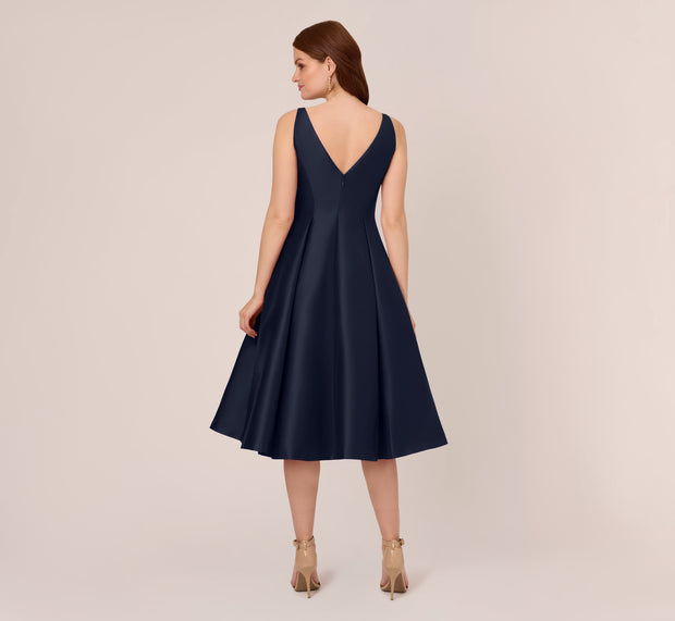 Aidan Mattox Sleeveless Mikado Fit And Flare Midi Dress With V-Back In Midnight
