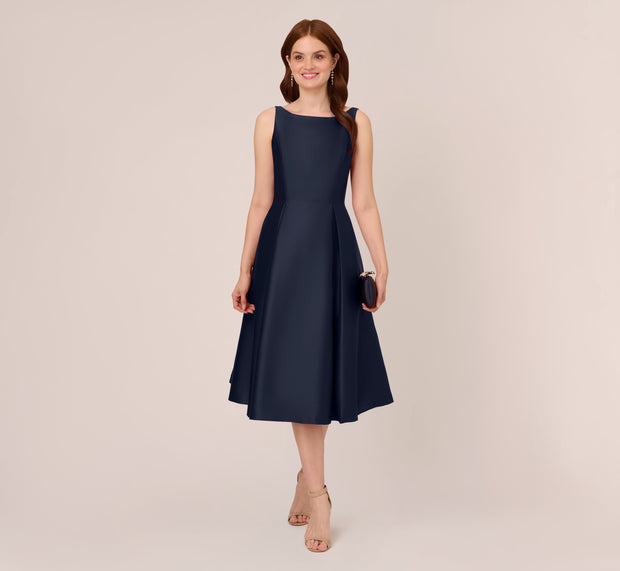 aidan mattox Sleeveless Mikado Fit And Flare Midi Dress With V-Back In Midnight