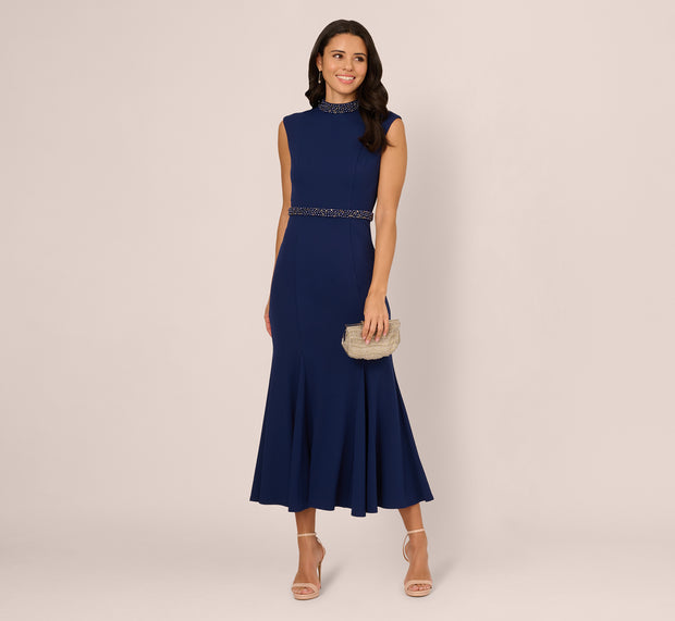aidan mattox Sleeveless Mock Neck Pearly Midi Dress In Navy Sateen