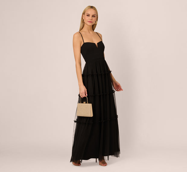 Aidan Mattox Sleeveless Notch Neck Tiered Mesh Gown In Black