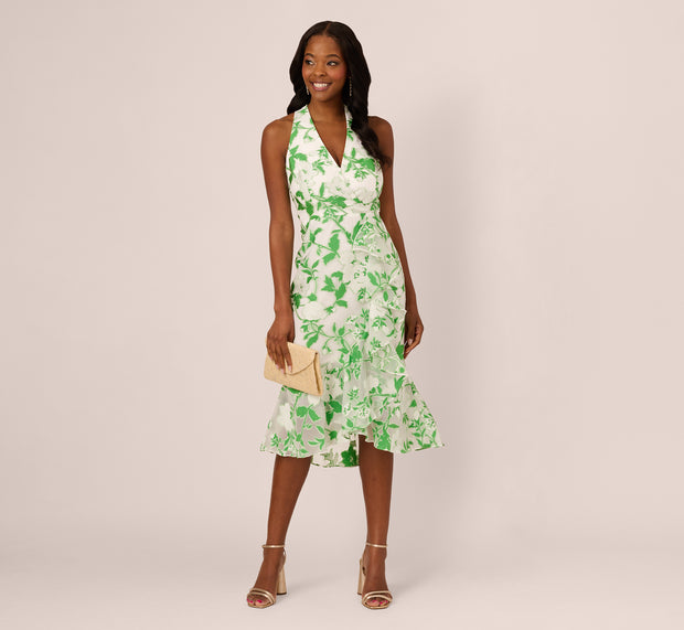 Aidan Mattox Sleeveless Organza Jacquard Mermaid Midi Dress In Green Ivory