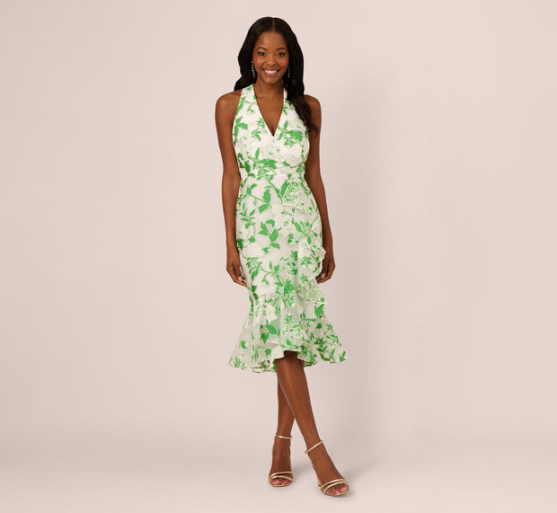 Aidan Mattox Sleeveless Organza Jacquard Mermaid Midi Dress In Green Ivory