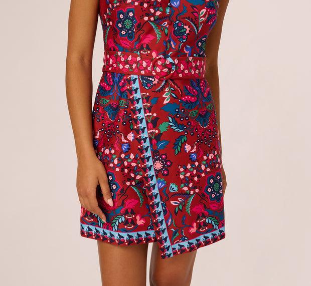 Aidan Mattox Sleeveless Paisley Wrap Skirt Short Dress In Brown Multi