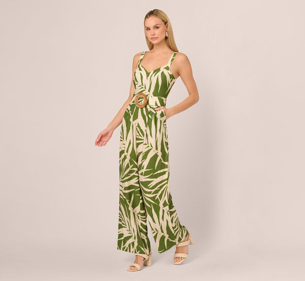 Aidan Mattox Sleeveless Palm Leaf Wide Leg Jumpsuit In Green Ivory