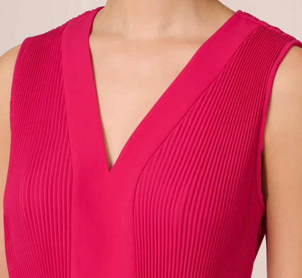 Aidan Mattox Sleeveless Pleated Dress With Self Tie Waist In Hot Pink