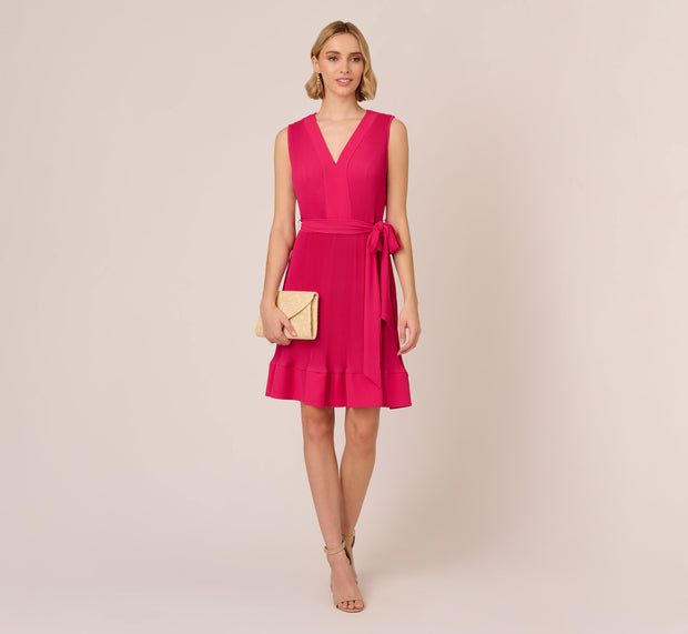 aidan mattox Sleeveless Pleated Dress With Self Tie Waist In Hot Pink