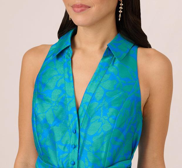 Aidan Mattox Sleeveless Printed Tie Front Short Dress In Blue Green