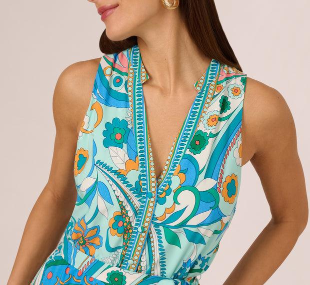 Aidan Mattox Sleeveless Retro Printed Short Sundress In Mint Multi
