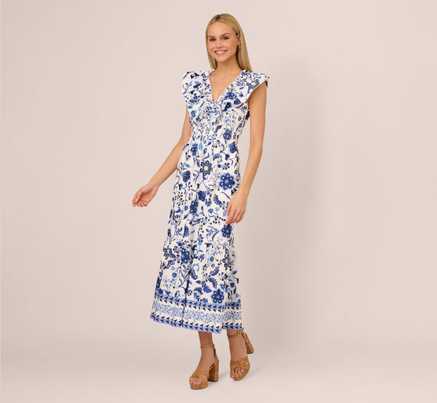 Aidan Mattox Sleeveless Ruffle Collar Printed Midi Dress In White Blue Multi