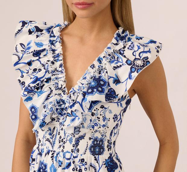 Aidan Mattox Sleeveless Ruffle Collar Printed Midi Dress In White Blue Multi