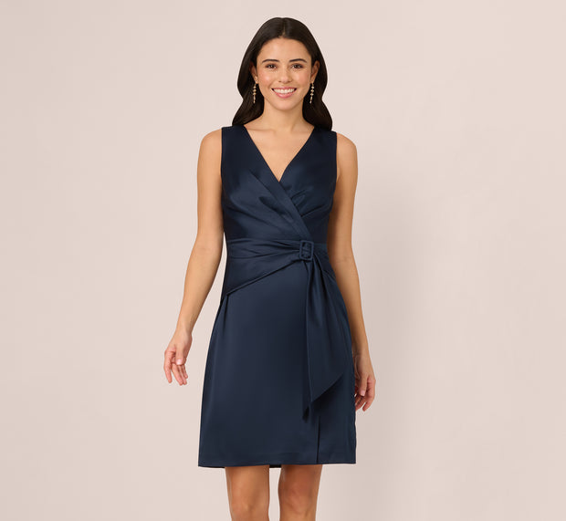 Aidan Mattox Sleeveless Satin Draped Short Dress In Dark Navy