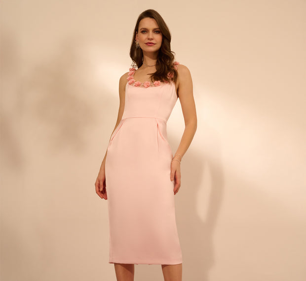 aidan mattox Sleeveless Satin Rosette Midi Sheath Dress In Pink Peach