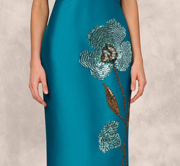 Aidan Mattox Sleeveless Sequin Bead Flower Midi Dress In Peacock