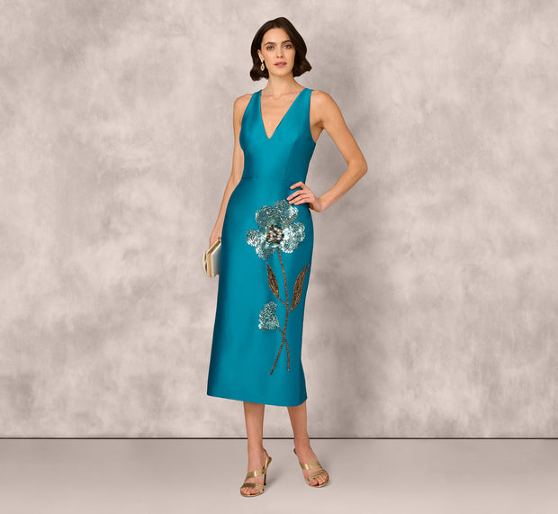 aidan mattox Sleeveless Sequin Bead Flower Midi Dress In Peacock