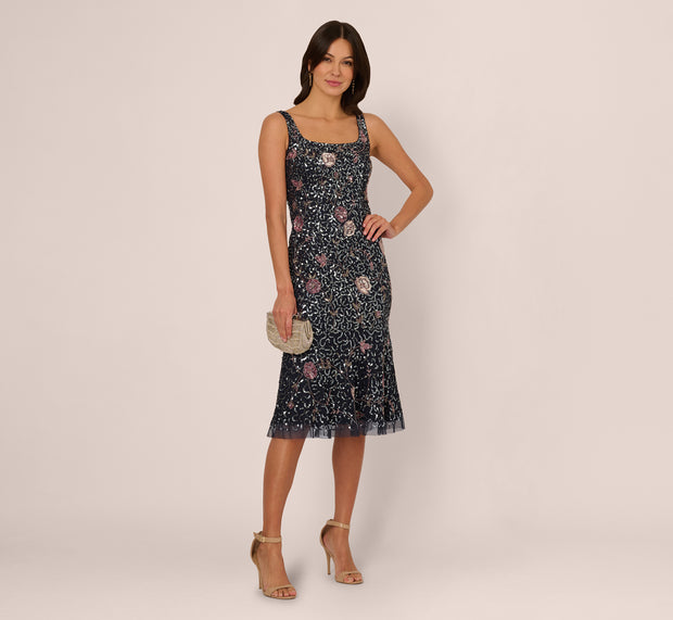 Aidan Mattox Sleeveless Sequin Floral Beaded Midi Dress In Navy Pink Multi