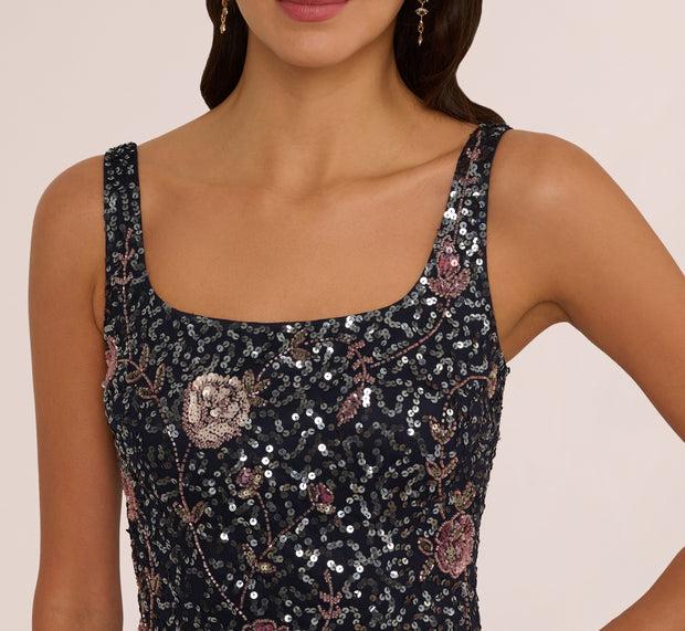 Aidan Mattox Sleeveless Sequin Floral Beaded Midi Dress In Navy Pink Multi