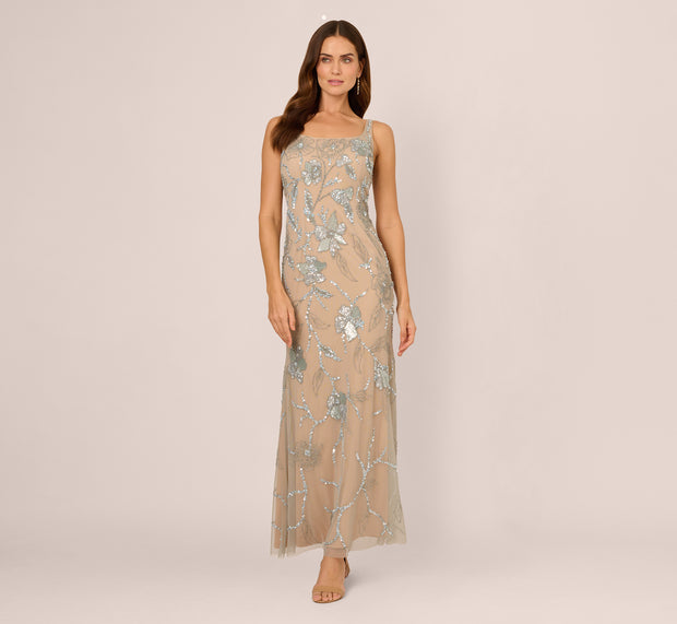 Aidan Mattox Sleeveless Square Neck Beaded Mermaid Gown In Frosted Sage Nude