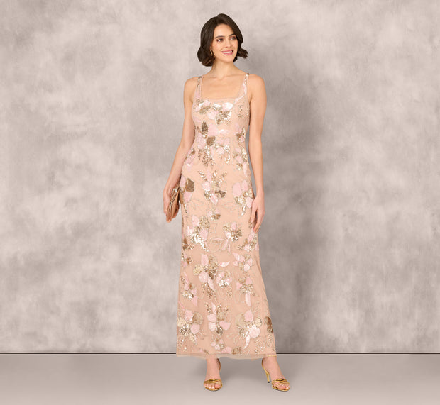 Aidan Mattox Sleeveless Square Neck Floral Beaded Column Gown In Pink