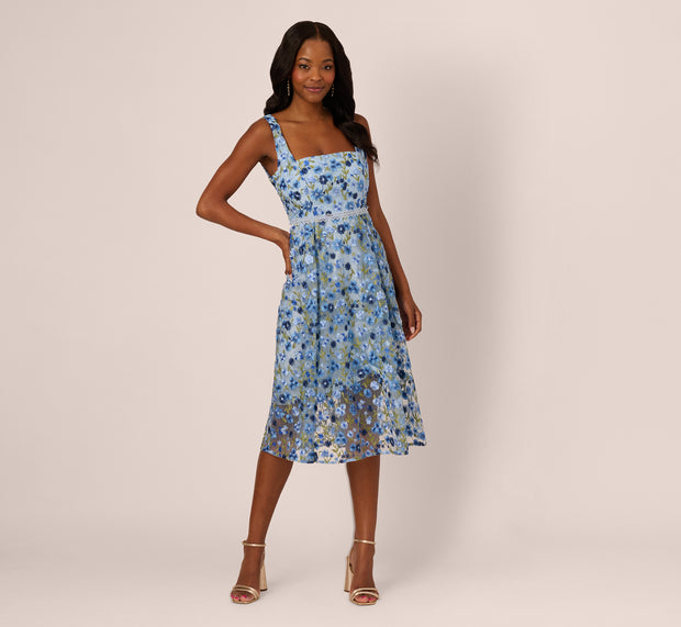 Aidan Mattox Sleeveless Square Neck Floral Embroidered Midi Dress In Blue Multi