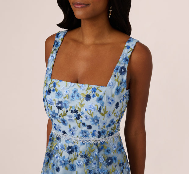 Aidan Mattox Sleeveless Square Neck Floral Embroidered Midi Dress In Blue Multi
