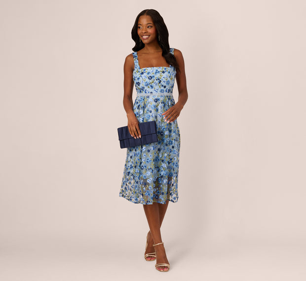 aidan mattox Sleeveless Square Neck Floral Embroidered Midi Dress In Blue Multi