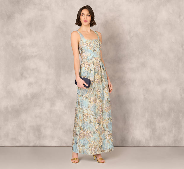 Aidan Mattox Sleeveless Square Neck Floral Jacquard Column Gown In Blue Gold