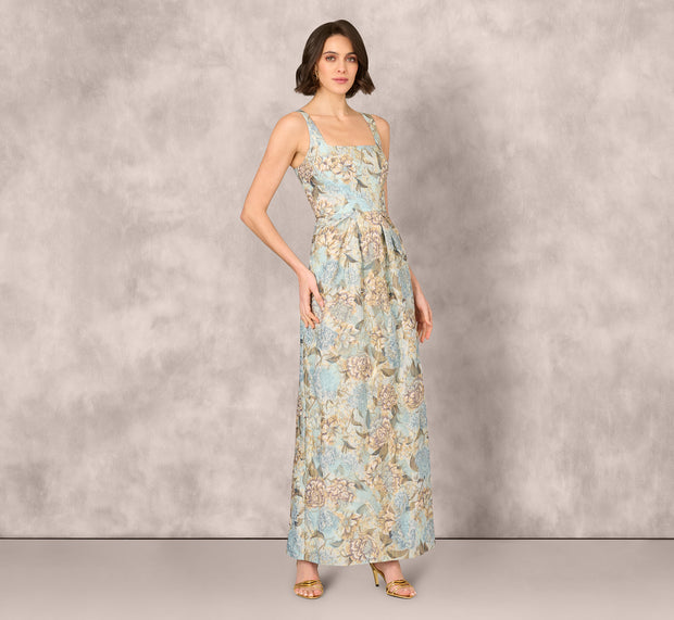 Aidan Mattox Sleeveless Square Neck Floral Jacquard Column Gown In Blue Gold